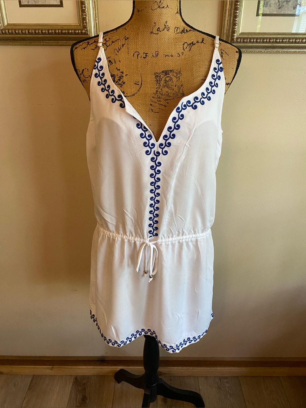 Cremieux Mini Dress Med White Blue Embroidered Resort Vacation Beach Holiday